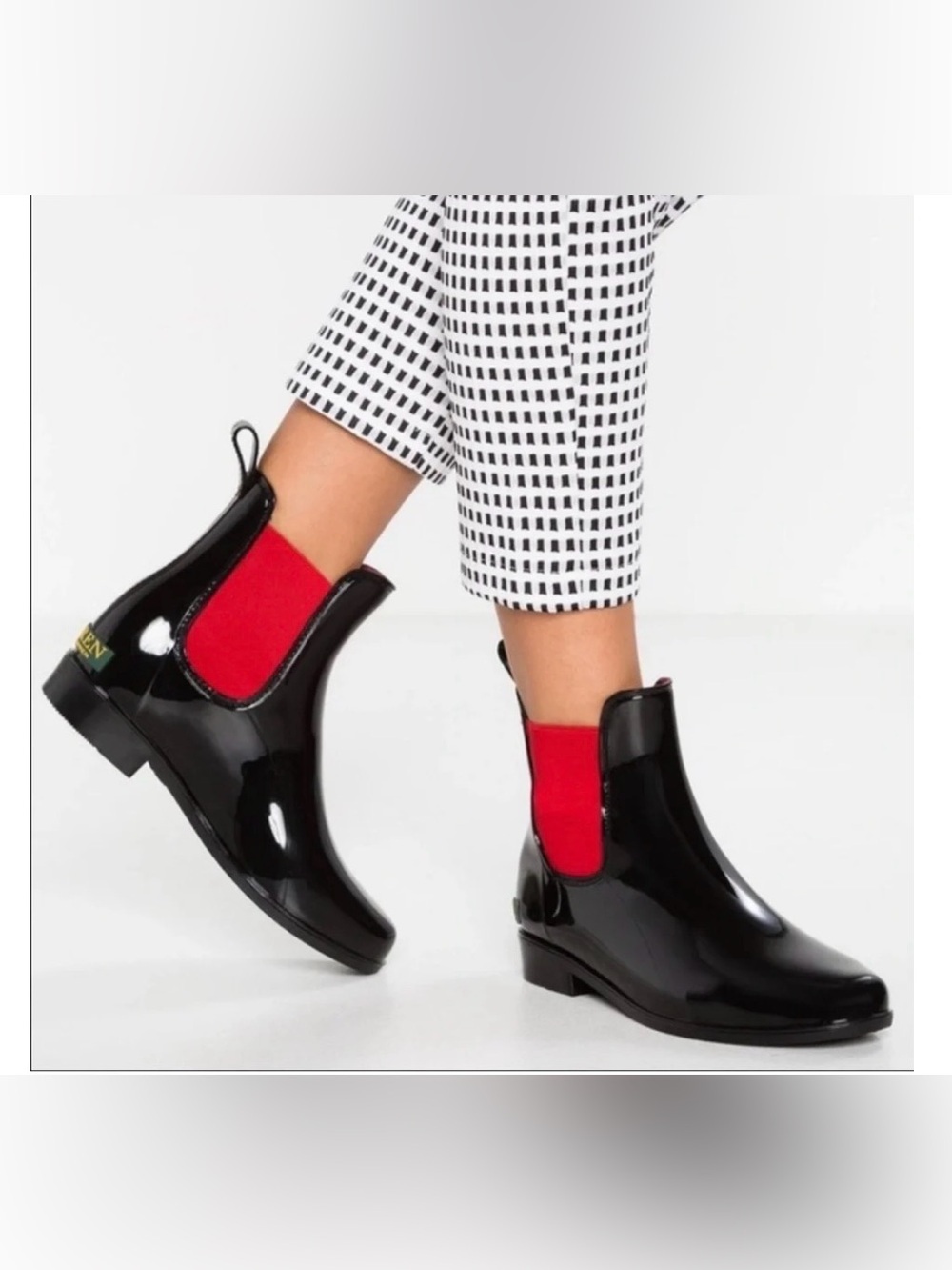 Lauren Ralph Lauren Tally Rubber Boots Black Red Chelsea size 6